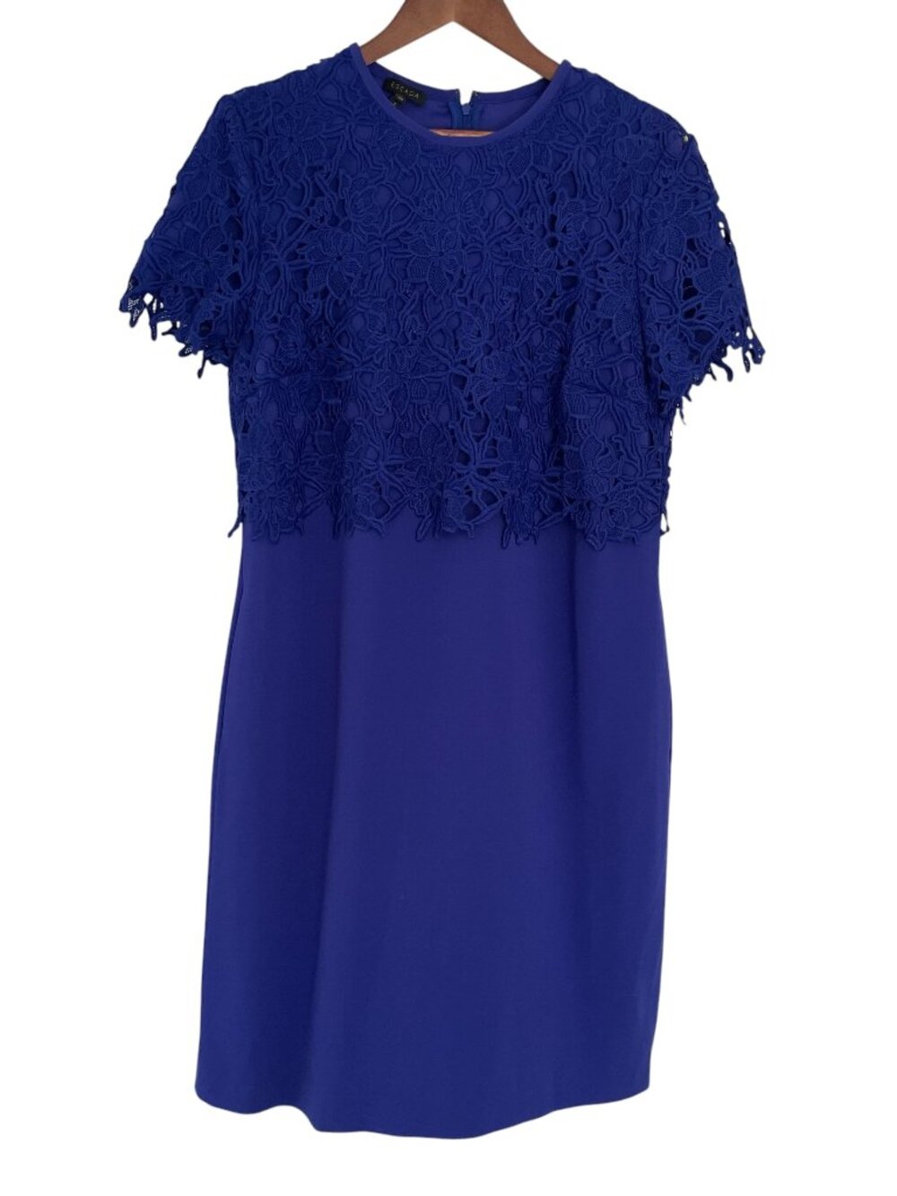 Escada Sheath Dress Size 40 / US 10 Cobalt Royal Blue Lace Bodice Short Sleeve